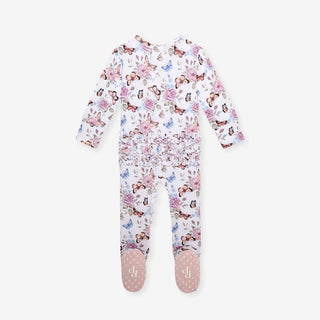 Posh Peanut Ruffled Zippered Footie - Mariselle
Floral and butterfly patterned baby onesie on a white background