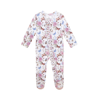 Posh Peanut Ruffled Zippered Footie - Mariselle
Floral and butterfly patterned baby onesie on a white background