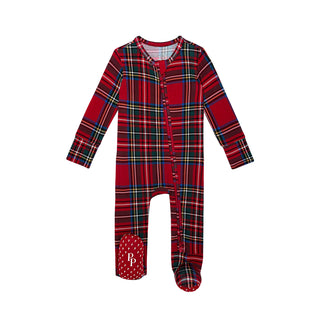 Posh Peanut Footie Zippered One Piece - Red Tartan Plaid
Red and green plaid baby onesie with a small polka dot footie on a white background