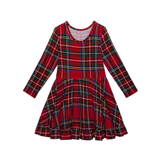 Posh Peanut Ruffled Twirl Dress - Red Tartan Plaid
Red plaid dress with long sleeves on a white background
