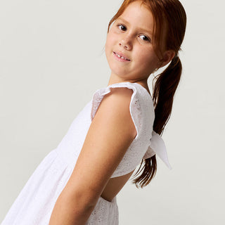 Posh Peanut Optical White Eyelet Tie Back Ruffled Twirl Dress