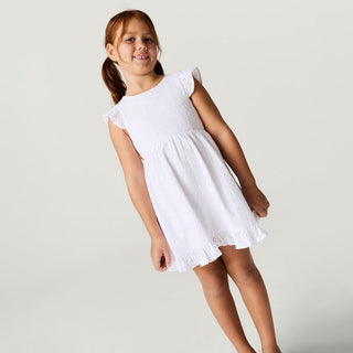 Posh Peanut Optical White Eyelet Tie Back Ruffled Twirl Dress