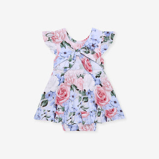 Posh Peanut Marion tie-back ruffled bodysuit dress, shown from the back with ruffle details and a tie closure.