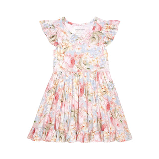 Pink ruffled twirl dress for girls by Posh Peanut, featuring soft fabric and a floral rose dreams pattern.