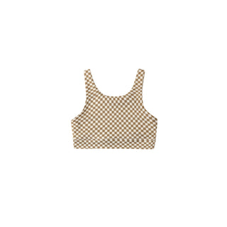 Play by Rylee & Cru Swift Sports Bra in Ocre Check with supportive design and breathable fabric, shown on a mannequin.