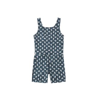 Play by Rylee & Cru Malibu Bodysuit - Blue Blooms
A sleeveless short romper in a dark teal-blue fabric with an all-over white floral print, shown flat against a solid white background.