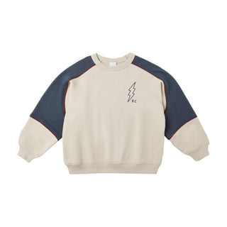 Play by Rylee & Cru Paneled Sweatshirt - Stone Beige and navy sweatshirt with a small graphic on a white background