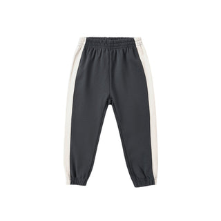 Play by Rylee & Cru Paneled Sweatpant - Midnight
Dark gray jogger pants with off-white side stripes, featuring an elastic waistband and elastic cuffs, shown flat on a white background.
