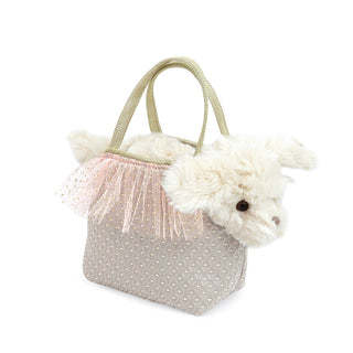 Mon Ami Sugar Maltese Puppy Plush Toy & Purse Set
A small tote bag shaped like a fluffy white puppy wearing a light pink tutu, with a textured light gray body, pale green handles, and a white faux-fur head on a plain white background.