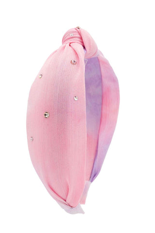 Bari Lynn Shimmer Knot Headband with Crystals - Pastel
Pink and purple headscarf with embellishments on a white background