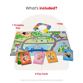 Tonieplay PAW Patrol: Adventure Bay Rescue Heroes Game
Play mat with Tonieplay disc, map, and pup cards on a white background