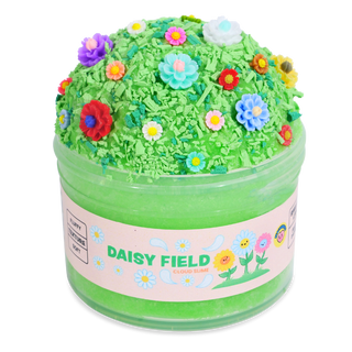 Peachybbies Cloud Slime - Daisy Field
A clear plastic jar filled with bright green slime, topped with textured green material and decorated with colorful faux flowers. The jar has a pink label reading 'DAISY FIELD' and is photographed on a white background.
