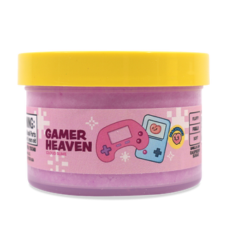 Peachybbies Cloud Slime - Gamer Heaven
A jar of Gamer Heaven Cloud Slime, featuring a bright yellow lid and a pink label with retro video game controller graphics.