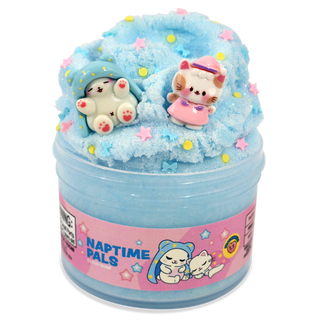 Peachybbies Cloud Slime - Naptime Pals
A light blue slime product in a clear round container with a pink label reading 'NAPTIME PALS.' The top is decorated with fluffy blue slime, small pastel star sprinkles, and two small character figurines, one white with blue accents and one white with pink accents.