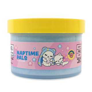 Peachybbies Cloud Slime - Naptime Pals
A jar of Naptime Pals Cloud Bume slime, featuring a bright yellow lid and a pink label with cartoon characters of a cat and a bear hugging, set against a plain white background.