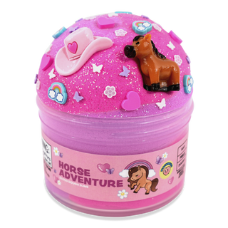 Peachybbies Cloud Slime - Peachy's Horse Adventure
A pink slime container labeled 'Horse Adventure' with a glittery pink lid decorated with a pink cowboy hat, a small brown horse figure, hearts, flowers, and butterflies on a white background.