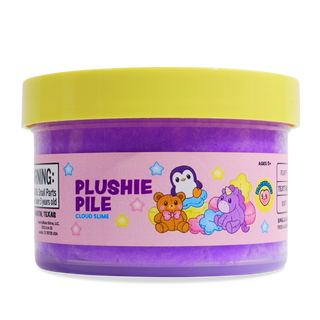 Peachybbies Cloud Slime - Plushie Pile
A tub of Plushie Pile Cloud Slime by Toy Biz, featuring purple slime inside a clear container with a bright yellow lid and a pink label decorated with cartoon characters.