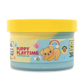 Peachybbies Cloud Slime - Puppy Playtime
A tub of Puppy Playtime Cloud Dough Slime by Happy Paws Crafts, featuring a bright yellow lid and a light blue translucent slime inside, with a colorful cartoon label showing a puppy and rainbow.