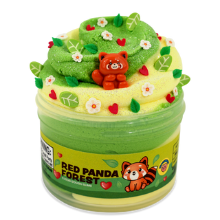 Peachybbies Cloud Slime - Red Panda Forest
A jar of slime with a green and yellow layered design, decorated with small white flowers, red hearts, green leaves, and a small red panda bear figurine on top. The label reads 'RED PANDA FOREST' and features a red panda illustration.