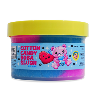 Peachybbies Icee Slime - Cotton Candy Boba Slush
A tub of Cotton Candy Boba Slush Ice Slime featuring a bright yellow lid and a blue label with pink and purple slime visible inside. The label includes a pink teddy bear illustration and text listing ingredients: cotton candy, textron, frost.