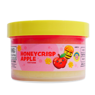 Peachybbies Icee Slime - Honey Crisp Apple
A tub of Honeycrisp Apple ice slime by Smiffy Guys, featuring a bright yellow lid, a pink label with a cartoon apple and bee, and a translucent container showing the pale yellow-green slime inside.