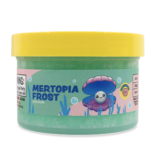 Peachybbies Icee Slime - Mertopia Frost
A tub of Mertoia Frost Ice Slime, featuring a translucent mint green container with a bright yellow lid and a colorful label depicting a cartoon clam character.