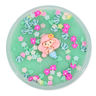 Peachybbies Icee Slime - Mertopia Frost
A round translucent slime or gel pad with a mint green base, decorated with pink and blue starfish, small flowers, and a central pink mermaid figure, shown on a white background.