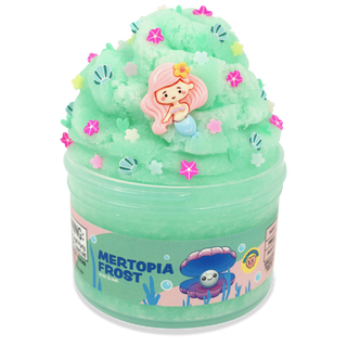 Peachybbies Icee Slime - Mertopia Frost
A tub of Mertopia Frost slime featuring a mint green, whipped texture topped with a pink mermaid figure, small starfish, and seashell decorations, shown on a white background.