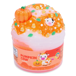 Peachybbies Icee Slime - Pumpkin Cow
Pumpkin-themed slime in a clear plastic tub with a pink and orange label reading 'Pumpkin Cow.' The top of the slime is orange with white dots, green leaves, small pumpkin decorations, and a cow face topper.