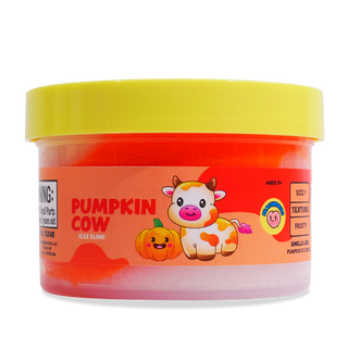 Peachybbies Icee Slime - Pumpkin Cow
A tub of Pumpkin Cow Ice Slime featuring a bright yellow lid and a red label with a cartoon cow and pumpkin on a white background.