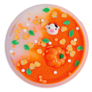 Peachybbies Icee Slime - Pumpkin Cow
A round, translucent pink silicone mold filled with orange and white slime, decorated with small yellow and white cow figures, green leaves, and a raised orange pumpkin in the center.
