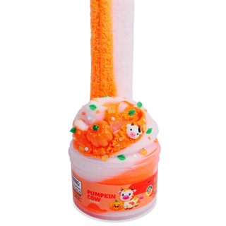Peachybbies Icee Slime - Pumpkin Cow
Pumpkin Cow slime toy in a clear plastic tub with an orange and white textured slime stem, decorated with orange sprinkles, green sprinkles, and a small cow character on a white background.