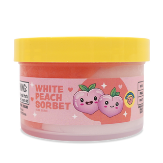Peachybbies Icee Slime - White Peach Sorbet
A tub of White Peach Sorbet slime by Glizzy Slime, featuring a bright yellow lid and a pink label with cute peach illustrations.