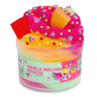 Peachybbies Slime - Triple Melon Freeze
A clear plastic tub of Triple Melon Freeze ice slime topped with three colorful melon slices and sprinkles, on a white background.