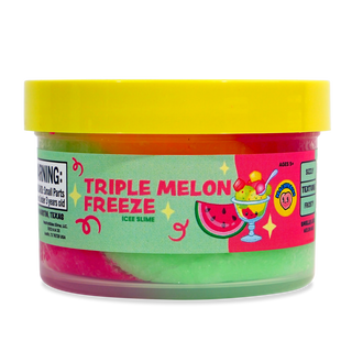 Peachybbies Slime - Triple Melon Freeze A jar of Triple Melon Freeze ice slime with a bright yellow lid and a colorful label featuring watermelon graphics and a slime sundae illustration.