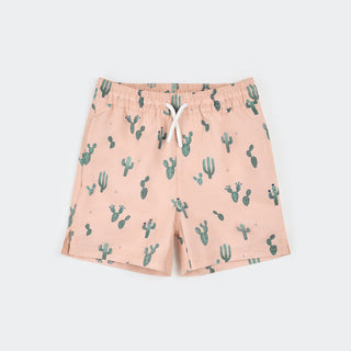 Petit Lem coral swim trunks with cactus print, featuring comfortable elastic waistband and vibrant summer design.