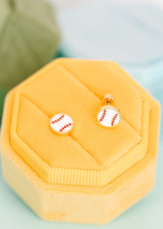 Pierced Co. Baseball Earrings
Baseball-themed earrings in a yellow hexagonal jewelry box on a light blue background
