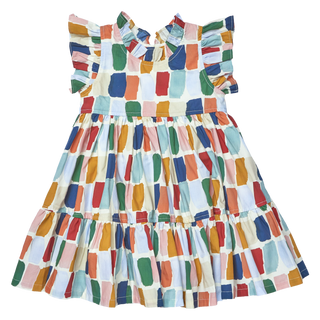 Pink Chicken Girls Jennifer Dress - Fall Paint Swatches
A sleeveless tiered dress for toddlers or girls, featuring a colorful abstract block pattern in shades of blue, green, orange, red, pink, and beige on a white background.