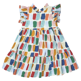Pink Chicken Girls Jennifer Dress - Fall Paint Swatches
A sleeveless tiered dress for toddlers or girls, featuring a colorful abstract block pattern on a white background. The dress has ruffled shoulder straps and a flared skirt, shown against a plain white background.
