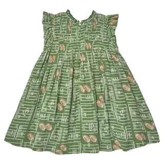 Pink Chicken Girls Stevie Dress - Football Field
A green sleeveless dress with a football field and football print, featuring ruffled shoulder straps and a gathered skirt, shown against a plain white background.
