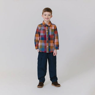 Blue Rooster Boys Jack Shirt - Harvest Check
Child wearing a colorful plaid shirt and dark pants on a white background