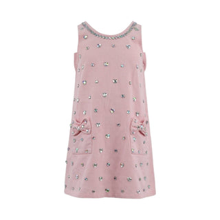 Pink denim bow dress with crystal heart detail from Lola & The Boys, featuring a stylish and charming design for young girls.