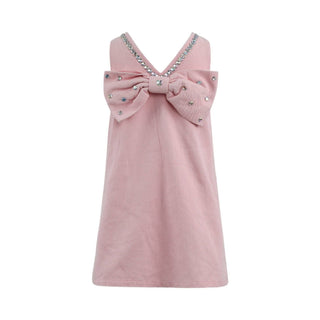 Pink denim dress with a large crystal heart applique and bow detail from Lola & the Boys, perfect for stylish young girls.