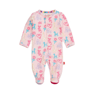 Magnetic Me Pink Party Animals Glow In The Dark Mod Footie
Baby onesie with colorful patterns on a white background