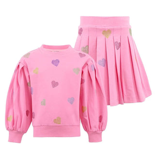 Lola and The Boys Hot Pink Sparkle Hearts Skirt Set
Pink children's outfit with heart patterns on a white background