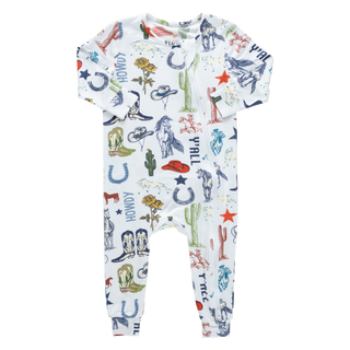 Pink Chicken Baby Bamboo Romper - Western Dreams
Baby onesie with cowboy-themed print on a white background