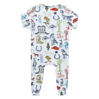 Pink Chicken Baby Bamboo Romper - Western Dreams
Baby onesie with cowboy-themed pattern on a white background