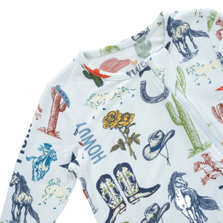 Pink Chicken Baby Bamboo Romper - Western Dreams
Children's outfit with cowboy-themed pattern on a white background