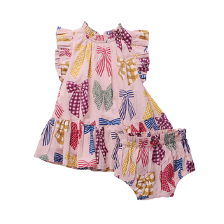 Pink Chicken Baby Girls Harper Dress Set - Patterned Bows
A baby girl's two-piece ruffle outfit set consisting of a pink sleeveless top and matching bloomers, both decorated with a colorful pattern of gingham and striped bows in red, blue, green, yellow, and purple.