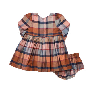 Pink Chicken Baby Girls Mae Dress Set - Hayride Plaid
A toddler girl's plaid dress with long sleeves and matching bloomers, laid flat on a white background. The dress features a multicolor plaid pattern with orange, pink, blue, and beige tones.